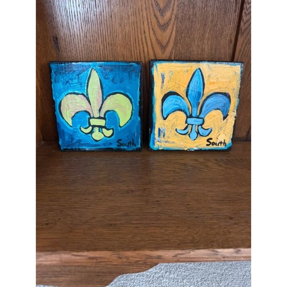 Stuart South New Orleans Fleur-de-Lis Art Pair Original Acrylic on Wood